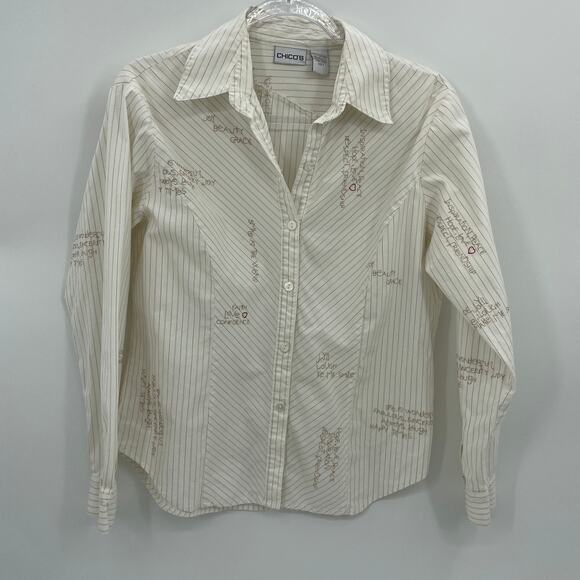 CHICO's Shirt Embroidered Inspirational Women Sz 1 US M Button Front Long Sleeve - Picture 1 of 9